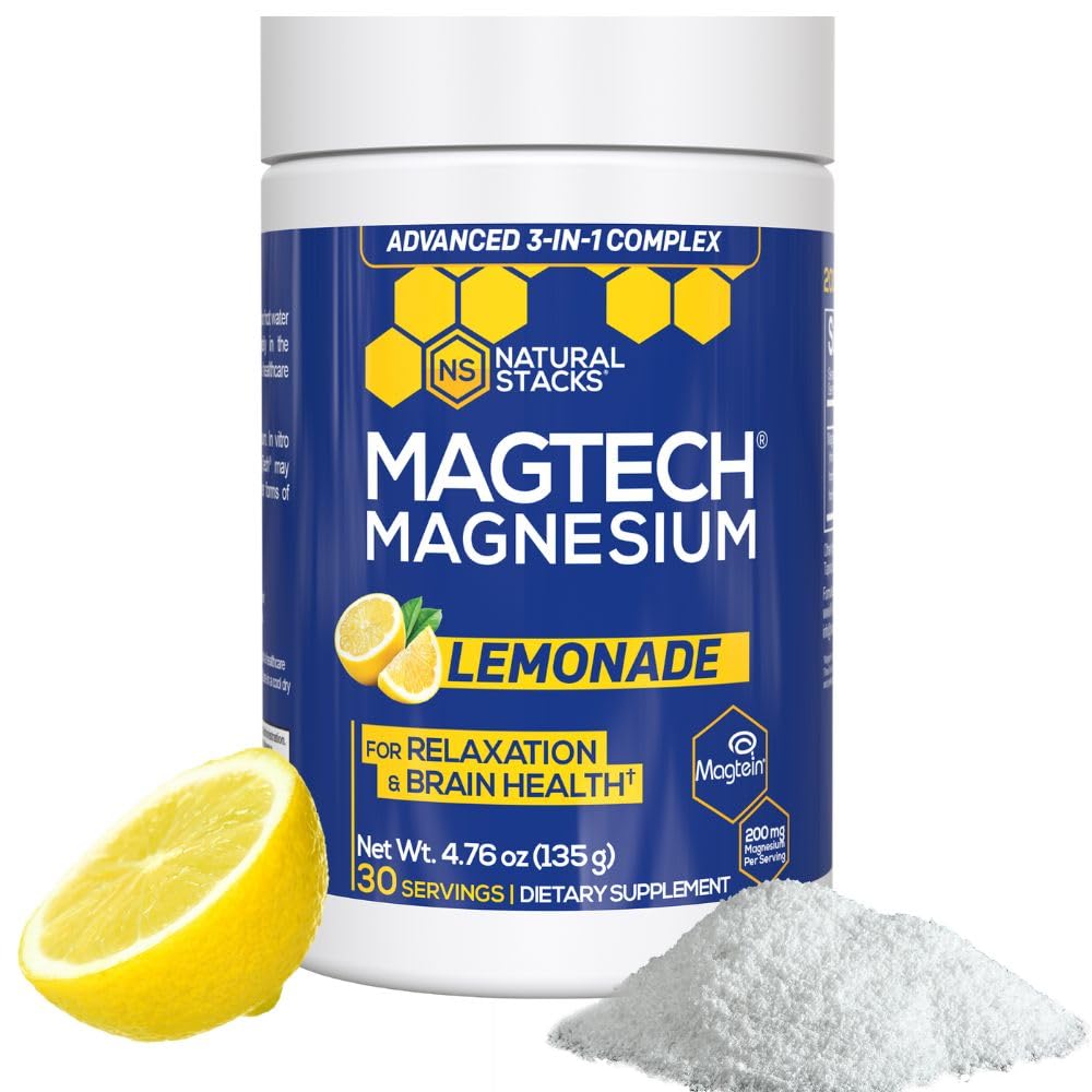 Magtein Magnesium L-Threonate, Glycinate & Taurate - MagTech Magnesium Powder - Sugar Free Lemonade Drink - 200mg Chelated Triple Complex - Supports Relaxation & Brain Health* - 30 Servings NATURAL STACKS buy supplements canada