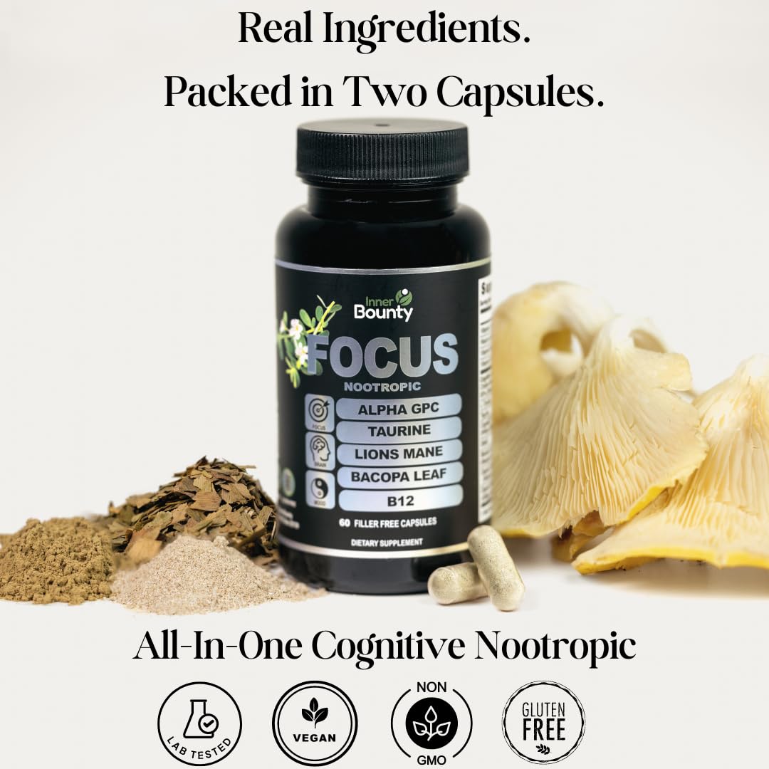 Inner Bounty Focus 14-in-1 Nootropic Brain Supplement with Lions Mane, Alpha GPC Choline, Vitamin C & B12, Taurine, Bacopa - Energy, Cognitive, Memory Support, 60 Filler Free Capsules Inner Bounty buy supplements canada