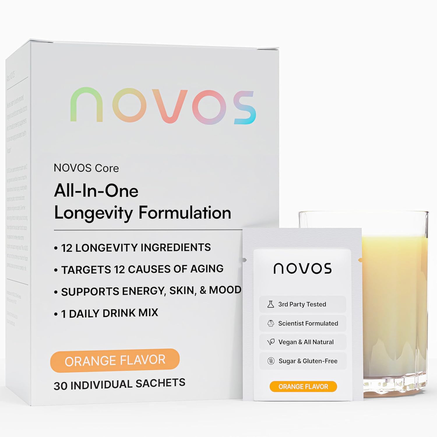 Novos Core Clinical Longevity Mix | Anti-Aging Supplement Drink Mix for Men & Women | Magnesium, L-Theanine, Fisetin and More | Supports Energy, Mood, Sleep & Cognition | Orange Flavor (30 Servings) Novos buy supplements canada