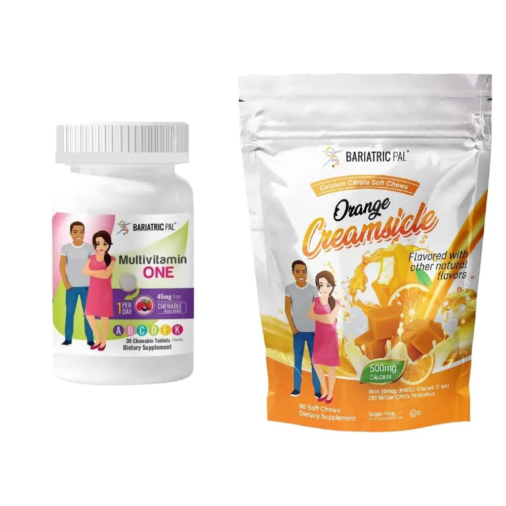 BariatricPal 30-Day Bariatric Vitamin Bundle (Multivitamin ONE 1 per Day! Chewable with 45mg Iron - Mixed Berry and Calcium Citrate Soft Chews 500mg with Probiotics - Orange Creamsicle) BariatricPal buy supplements canada