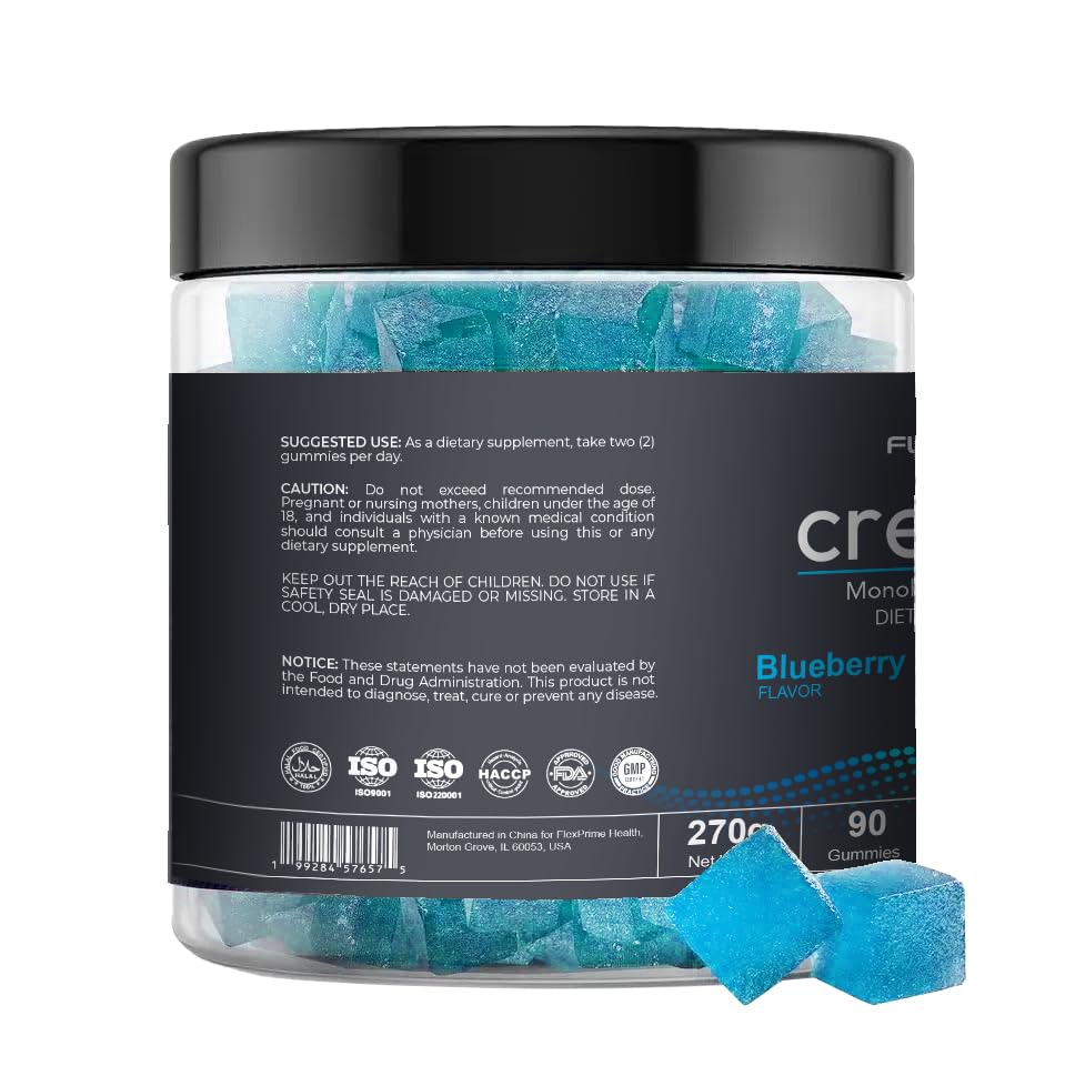 FlexPrime Creatine Gummies Sugar Free - 6g Creatine Monohydrate + L-Taurine, Alpha GPC, Betaine | Vegan Halal Blueberry Chews for Lean Muscle, Strength, Brain Health | Men Women 90 Count FlexPrime buy supplements canada