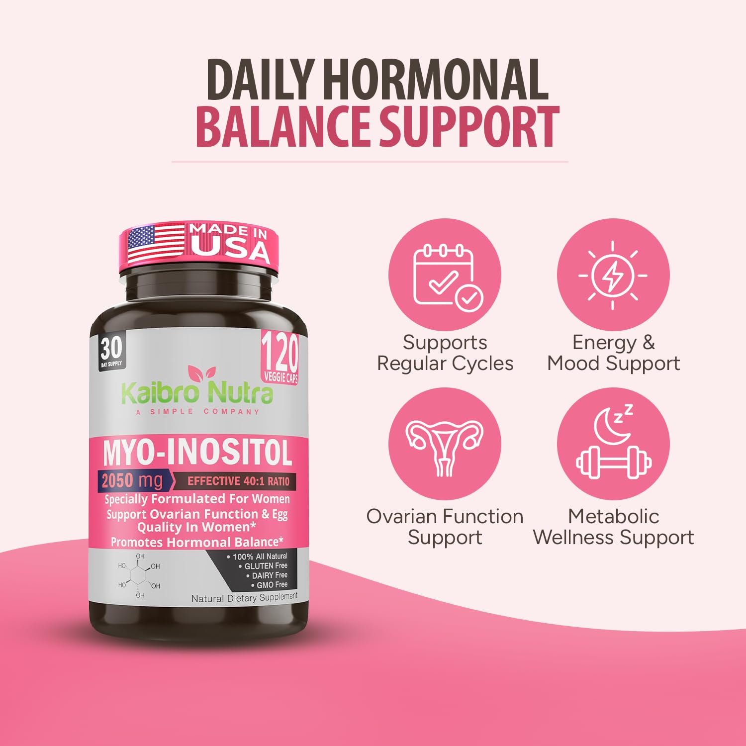 Kaibro Nutra Myo-Inositol Supplement, Myo-Inositol & D-Chiro Inositol 40:1 Ratio, Hormone Balance & Ovarian Support for Women with Vitamin B8, 2050mg, Vegan, Non-GMO Capsules 120 Count Kaibro Nutra buy supplements canada