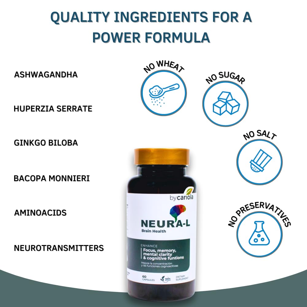 BY CARIOLA Neural-L Natural Brain Support Supplement 60 Caps - Mental Support – Memory Booster - Concentration - Natural Formula - Ashwagandha - L-Tyrosine - L-Theanine BY CARIOLA buy supplements canada