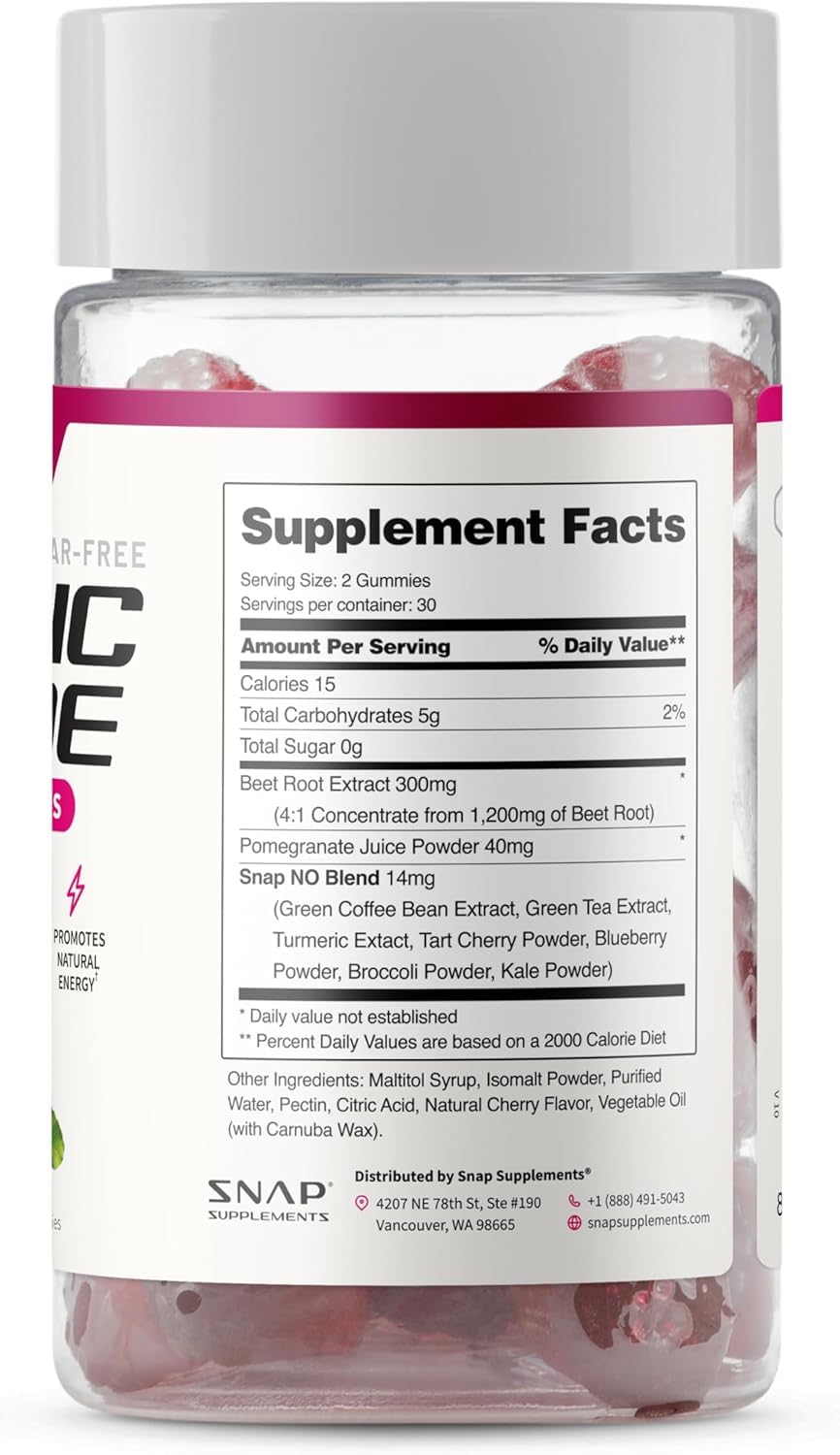 Snap Supplements Nitric Oxide Gummies - Beet Root Extract 300mg, Sugar Free Beetroot Supplement with Pomegranate Powder for Circulation & Natural Energy, 60 Vegan Gummies, Cherry Flavor Snap Supplements buy supplements canada