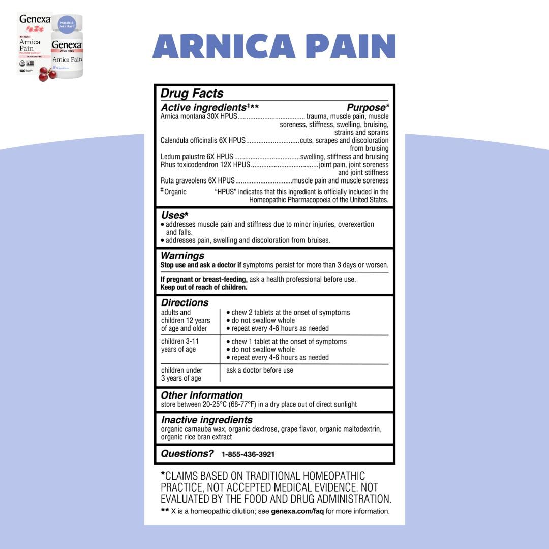 Genexa Adult Pain Relief Bundle | 500mg Acetaminophen Caplets + Homeopathic Arnica Chewables | Fast Relief for Headache, Joint & Muscle Pain | OTC + Homeopathic Combo | No Dyes or Artificial Additives Genexa buy supplements canada