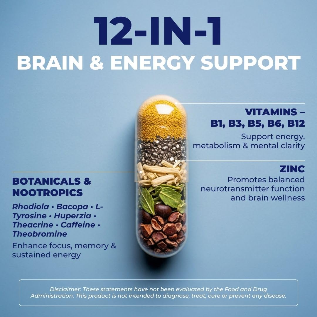 Vital Nootropic 12-in-1 Brain Supplement for Memory, Focus & Energy Support – L-Tyrosine, Bacopa, Rhodiola, Caffeine, B Vitamins – Cognitive Balance Capsules for Men & Women-30 Days Supply VITAL NUTRITIVE buy supplements canada