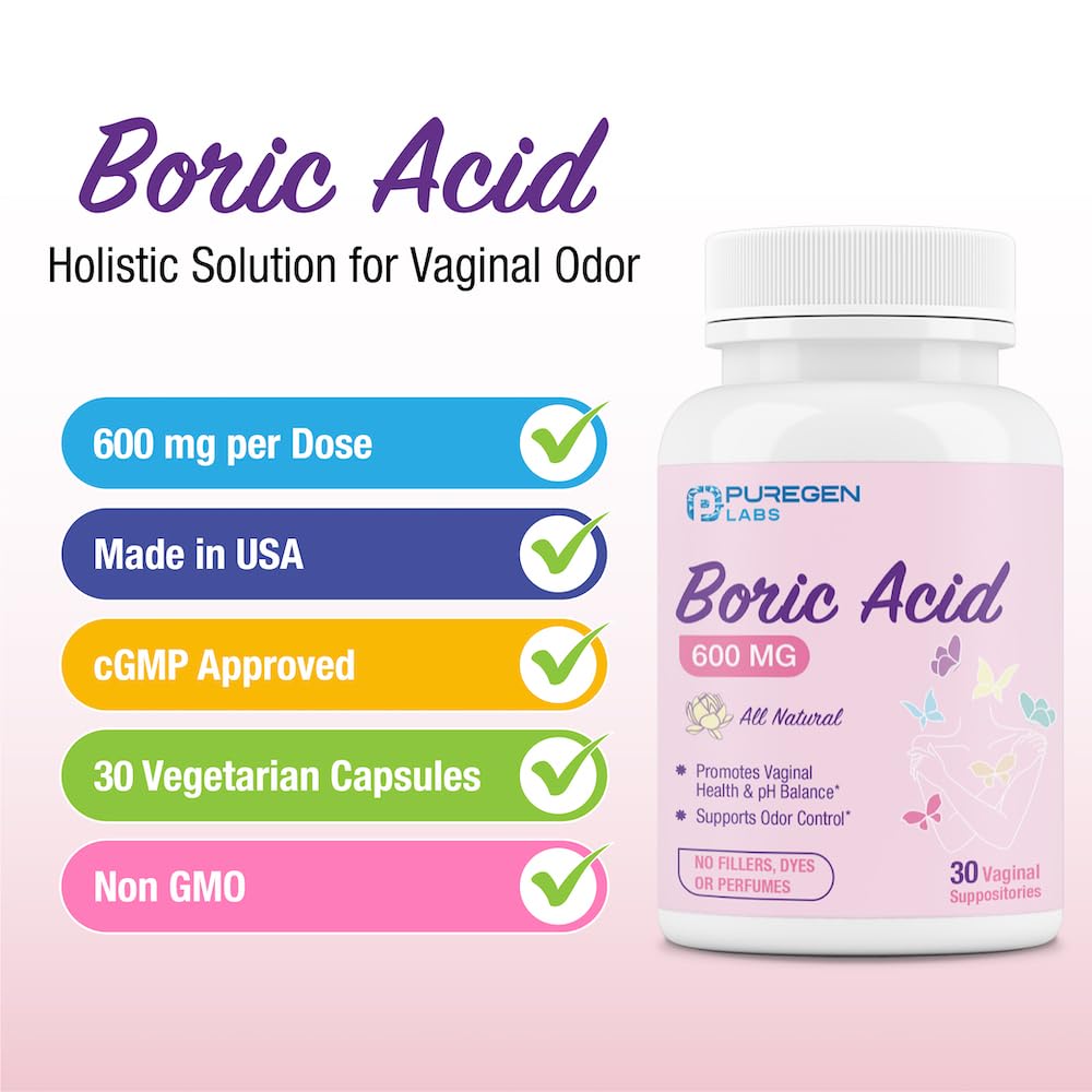 Puregen Labs Boric Acid 600 mg Vaginal Suppositories - 100% Pure | All Natural Without Dyes or Fillers P Puregen Labs buy supplements canada