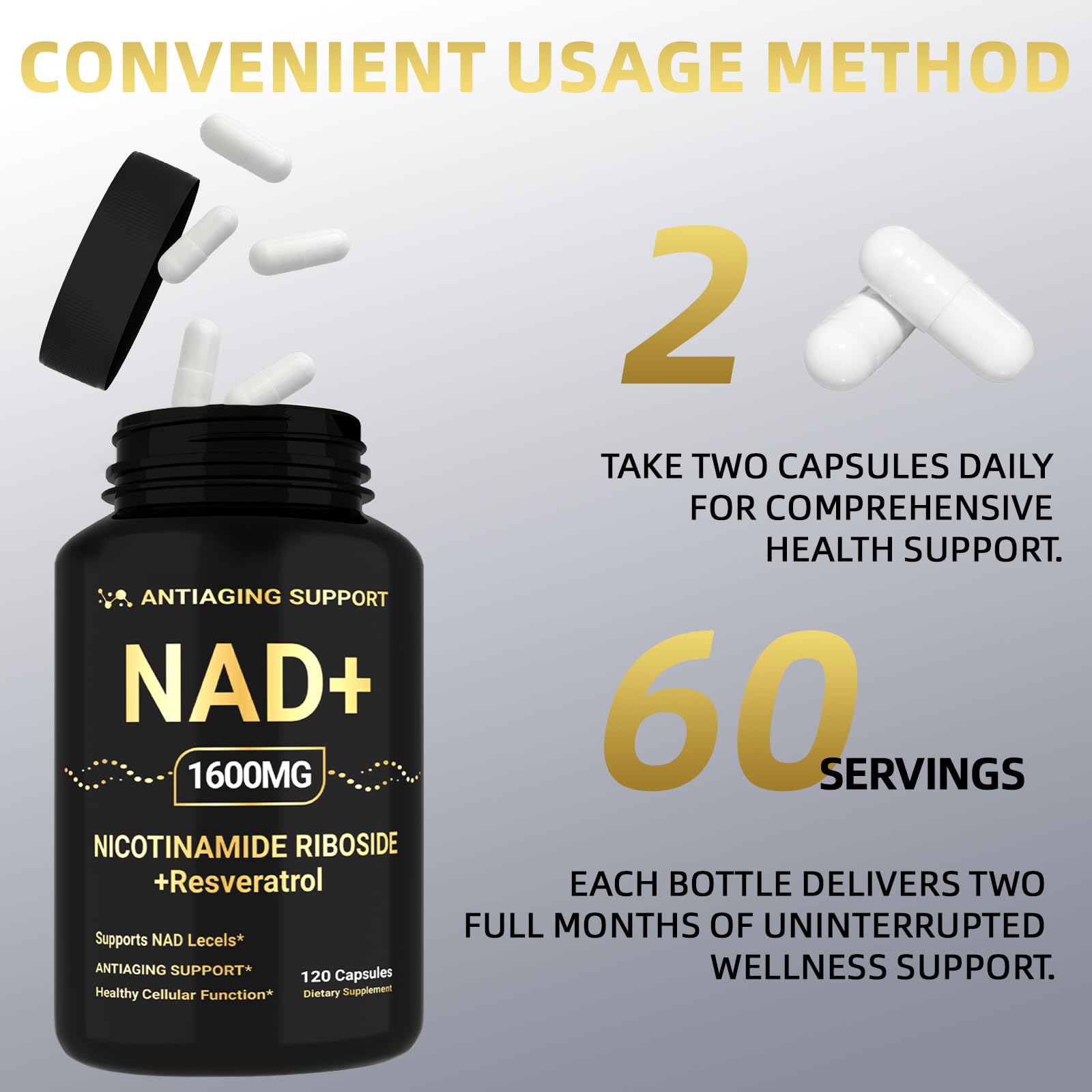 NAD Supplement 1600mg, NAD+ with Resveratrol & Nicotinamide Riboside, Anti-Aging Support, Cellular Energy & Mental Clarity Support, Vegan Non-GMO, 120 Capsules ANTIAGING SUPPORT buy supplements canada