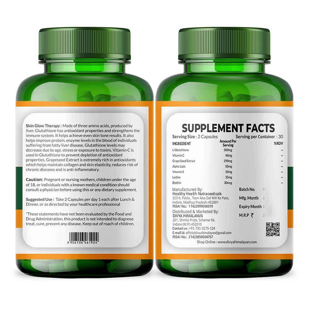 Divyhimalayan L-Glutathione 1000mg - 98% Pure Reduced Form with Vitamin C & ALA for Radiant Skin, Antioxidant & Immune Support - 60 Capsules Divya Himalayan buy supplements canada