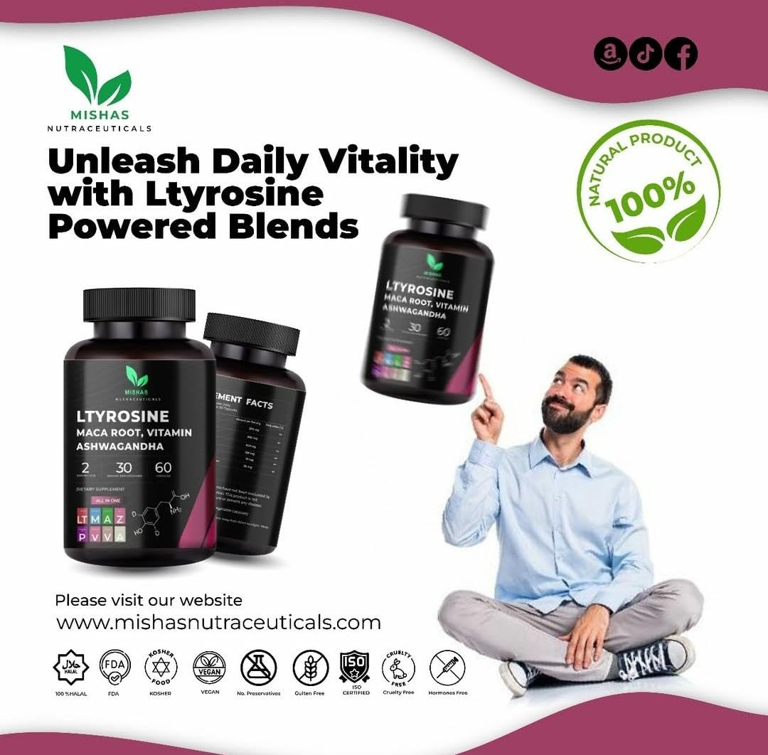 Mishas Nutraceuticals L-Tyrosine with Maca Root, Ashwagandha & Vitamins Complex – Energy, Mental Focus, Stress Relief & Immunity Support – 60 Capsules (30 Servings) Mishas buy supplements canada