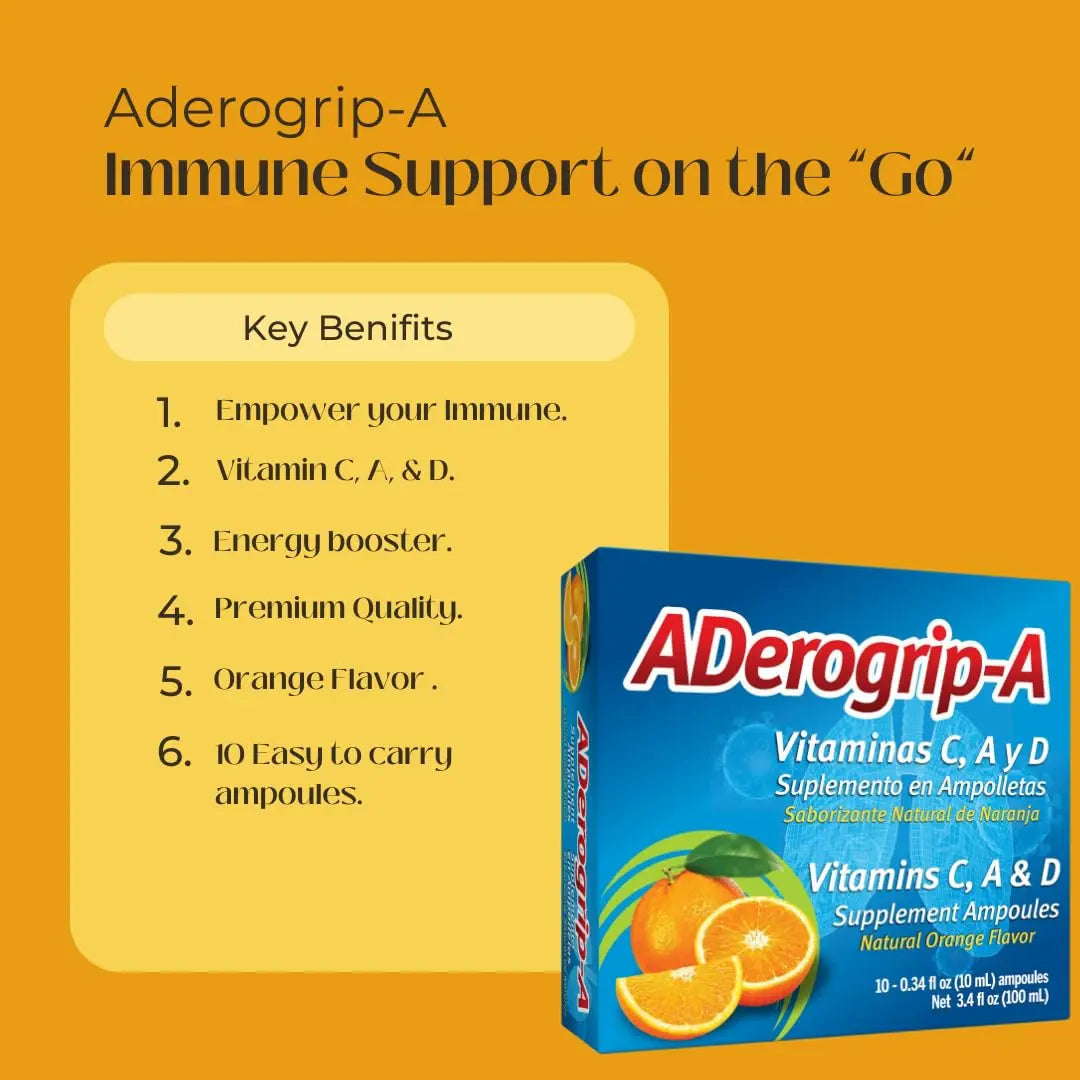 Aderogripa Immune Support Vitamins C, A & D | Liquid Supplement | 10 Natural Orange Flavor Ampoules | Boost Your Immune System ADEROGRIP-A buy supplements canada