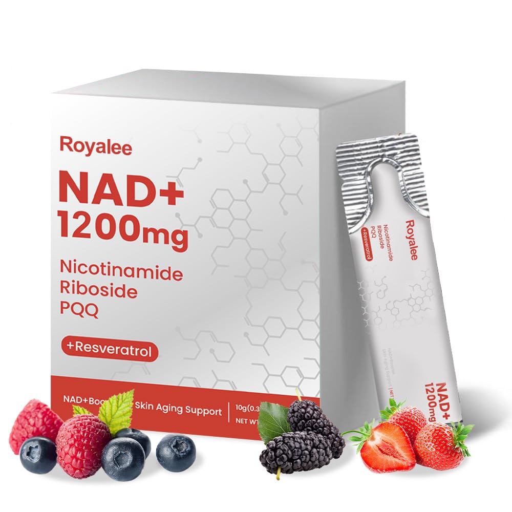 Royalee NAD Supplement 1200mg Synergistic Blend with Nicotinamide Riboside, PQQ & Resveratrol - Premium Anti-Aging Supplement for Cellular Energy, Mental Clarity and Longevity (30 Packets)1 Royalee buy supplements canada