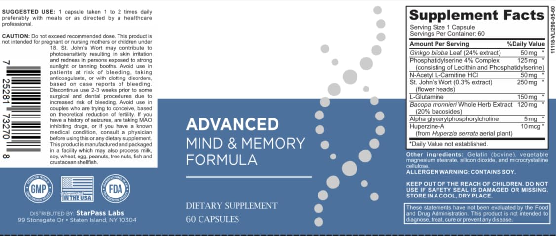 StarPass Labs Advanced Memory Formula Extreme Brain Booster, Brain Supplement for Memory, Focus and Mental Performance, Memory Vitamins for Better Brain Health 180 Capsules (3 Pack) StarPass Labs buy supplements canada