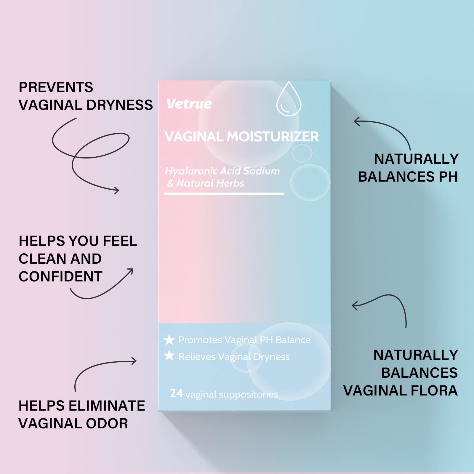Intimate Moisturizer, Vaginal Suppository for Dryness & Discomfort, Feminine Long Lasting Hydration Support with Hyaluronic Acid and Natural Herbs - PH Balance, Estrogen and Drug Free (24 Inserts) vetrue buy supplements canada