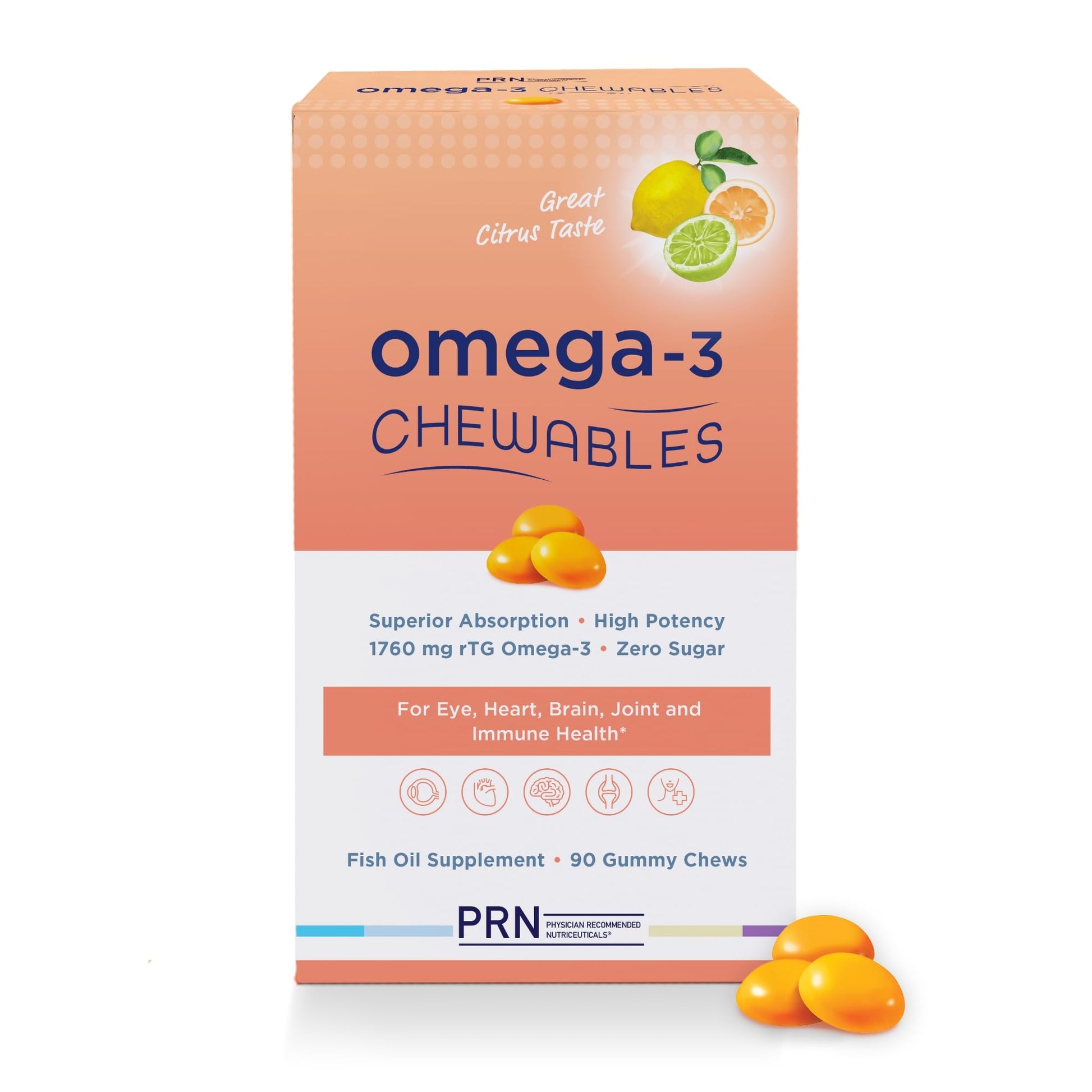 Omega 3 Gummy Chewables - 90 Gel Chews, 30-Day Supply, Citrus Flavor - 1760mg Ultra-Pure rTG Omega 3 for Eye, Heart, Brain, Joint & Immune Health PRN Physician Recommended Nutriceuticals buy supplements canada