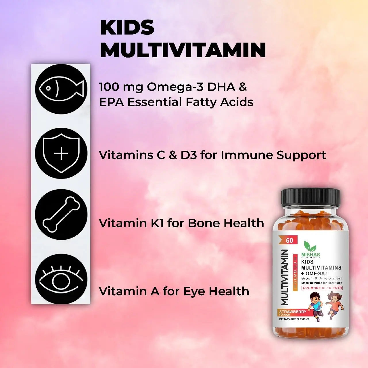 Mishas Nutraceuticals Kids Multivitamin Gummies with Omega 3 Fish Oil (EPA/DHA), Vitamin D3, C, B12, B6, Vitamin A, K & Zinc Immune Support Mishas buy supplements canada