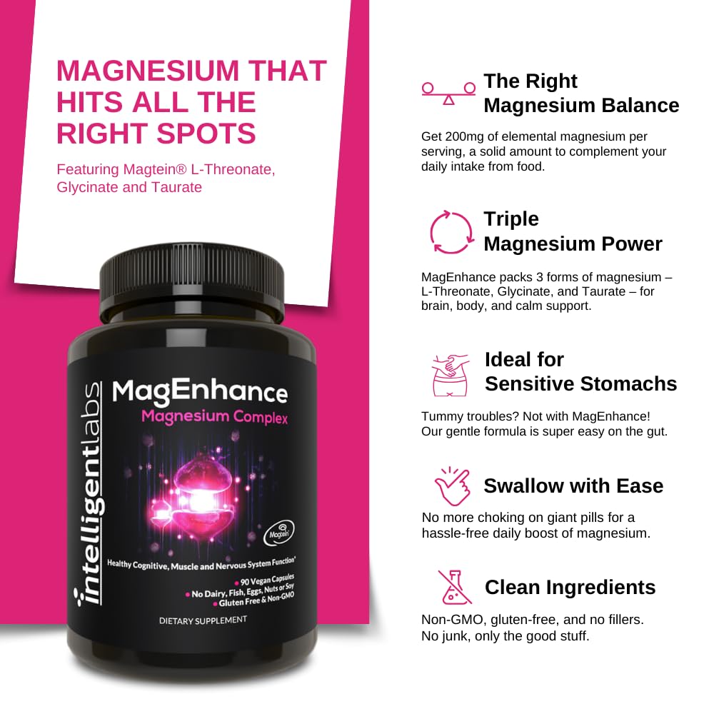 Intelligent Labs MagEnhance Magtein Magnesium Complex Supplement L-Threonate with Magnesium Glycinate and Taurate, 90 Capsules Intelligent Labs buy supplements canada