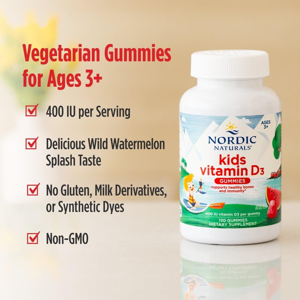 Nordic Naturals Vitamin D3 Gummies Kids, Wild Watermelon Splash - 120 Gummies - 400 IU Vitamin D3 - Bone Health, Healthy Immunity - Non-GMO, Vegetarian - 120 Servings Nordic Naturals buy supplements canada