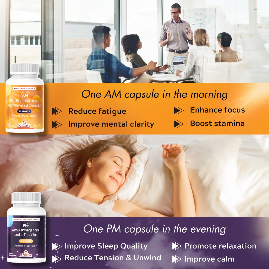 AM PM Multivitamin - Cortisol Supplements for Women and Men with L-Theanine, Ashwagandha - Rhodiola Rosea Supplement 200mg - Vitamin B Complex - Nootropics - Day and Night Vitamins for Women & Men Rhoziva buy supplements canada