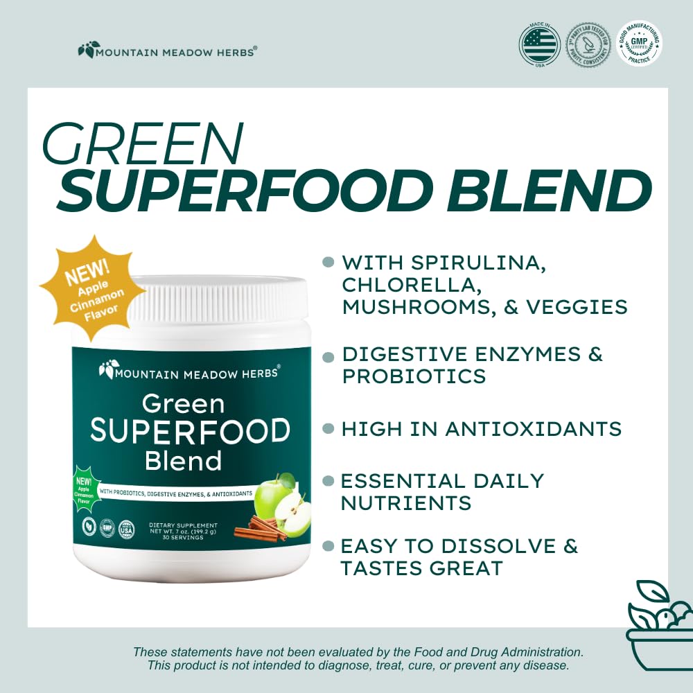 Mountain Meadow Herbs Green Superfood Blend – Spirulina, Chlorella, Mushrooms, Probiotics, Digestive Enzymes, Antioxidants – Organic Greens Powder for Energy & Gut Health – 30 Servings Mountain Meadow Herbs buy supplements canada