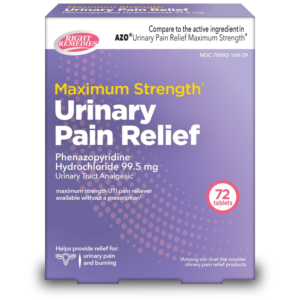 RIGHT REMEDIES Urinary Pain Relief Phenazopyridine HCl 99.5mg Tablets | Maximum Strength OTC for Fast Relief of UTI Pain, Burning and Bladder discomfort | Generic AZO Maximum Strength (72 Count) RIGHT REMEDIES buy supplements canada