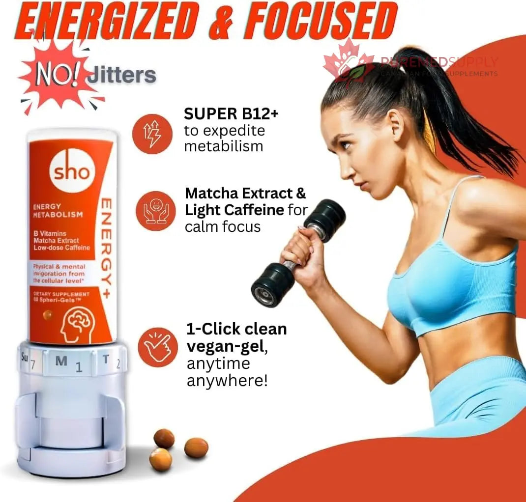 SHO Vegan Energy+ Focus Supplement Kit- Matcha Green Tea Extract, Methylated B Complex, Vitamin B and Caffeine Natural Energy Booster Without Crash, Jitters for Men and Women - 60 Pills Refill Bottle SHO buy supplements canada