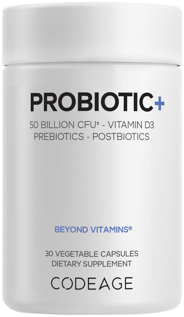 Codeage Probiotic+ 50 Billion CFU** Supplement - 12-Strain Probiotic Blend, Organic Prebiotic Fiber, Postbiotics, Vitamin D3, Zinc Bisglycinate, Quercetin - for Men & Women - Non-GMO - 30 Capsules Codeage buy supplements canada