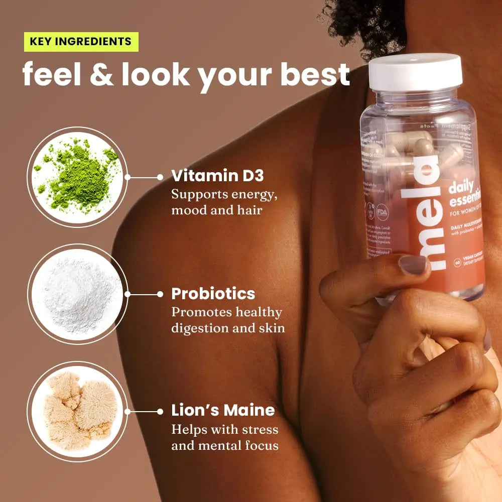 Mela Daily Essentials Multivitamin for Melanated Women - High-Dose Vitamin D3 and B12, Probiotics, Lion's Mane, Ceylon Cinnamon Mela buy supplements canada