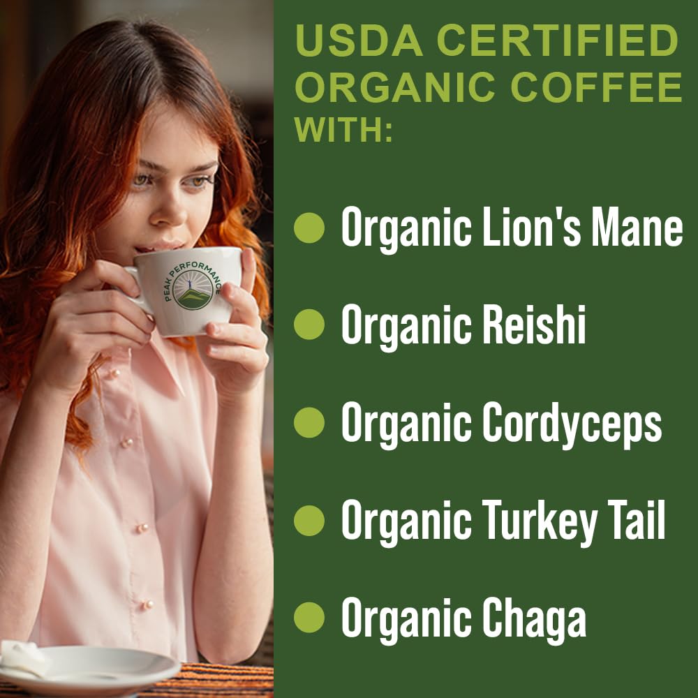 Organic Low Acid Mushroom Coffee with Lion's Mane, Reishi, Cordyceps, Turkey Tail, and Chaga Mushrooms - Great Tasting Premium High Altitude Medium Roast Ground Bags 10 oz by Peak Performance Peak Performance buy supplements canada