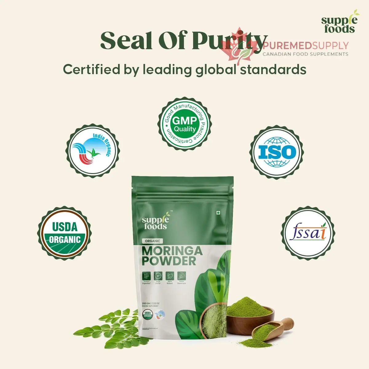 supplefoods Organic Moringa Powder 200 g / 7.05 oz | 100% Natural Green Superfood | Assists Digestion & Daily Detox | Finely Milled Moringa Leaf Powder | USDA Certified Organic Dietary Supplement supplefoods buy supplements canada