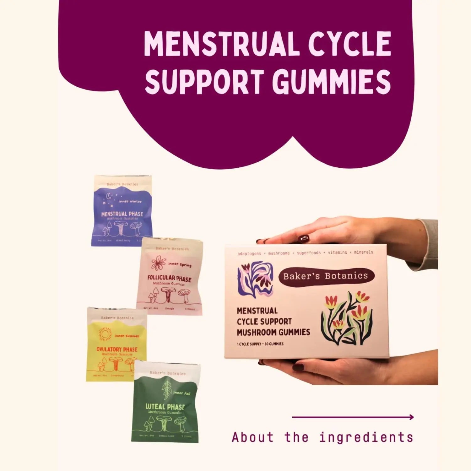 Period ovulatory & PMS Support Supplement for Women – Hormone Balance + 4-Phase Menstrual Cycle Kit | Vegan Functional Mushroom Gummies by Baker’s Botanics (Pack of 6)(30 Gummies) Baker's Botanics buy supplements canada
