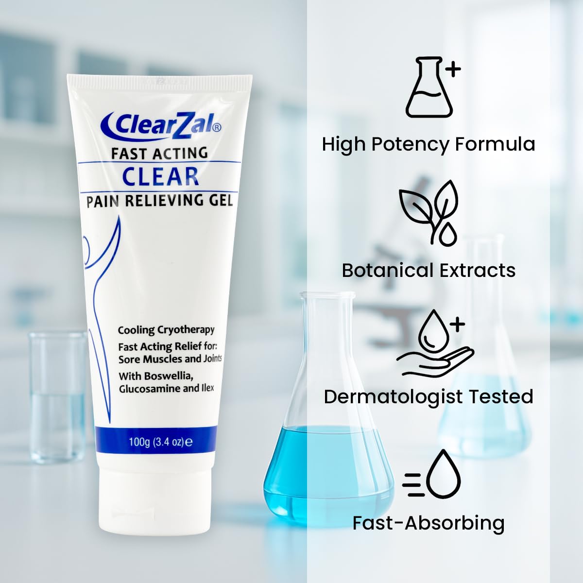 ClearZal Fast Acting Clear Pain Relieving Gel with Cooling Cryotherapy, Boswellia and Glucosamine for Sore Muscles and Joints, Soothing Cooling Gel 3.4 oz Clearzal buy supplements canada