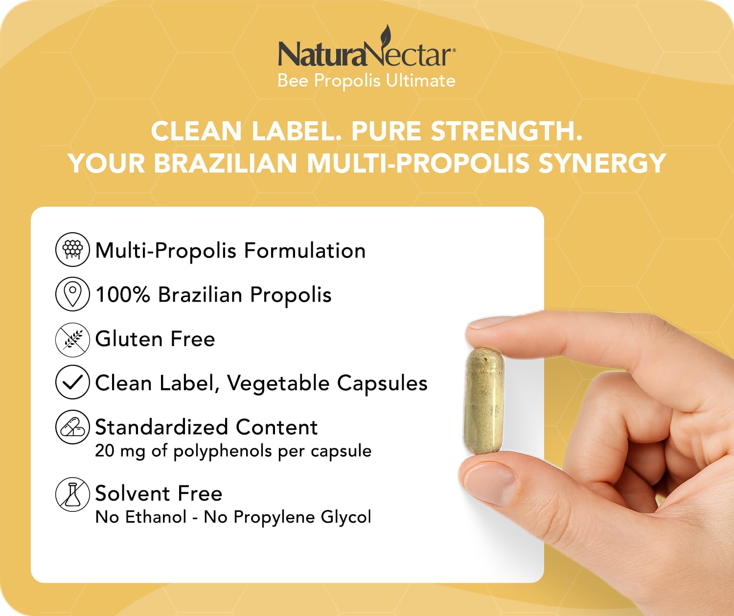 NaturaNectar - Ultimate Bee Propolis Capsules - NSF Contents Certified -Brazilian Red, Brown, & Green - Gluten-Free Supplement with Flavonoids - Naturally Sourced Through Ethical Beekeeping (60pcs.) NaturaNectar buy supplements canada