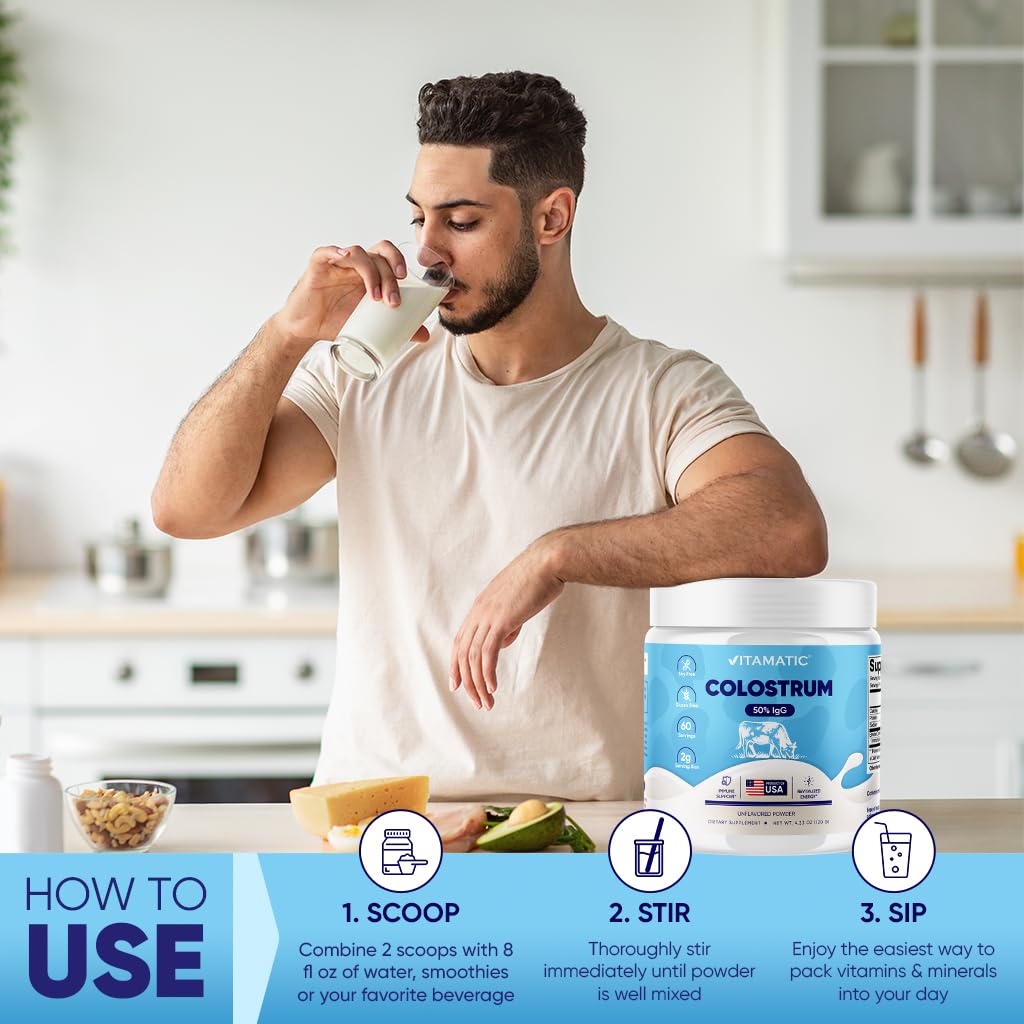 Vitamatic Bovine Colostrum Powder - 50% Highest IgG -120 Gram - Supplement for Gut Health, Hair Growth, Beauty, Muscle Recovery, & Immune Support - Easy to Mix - Unflavored - 60 Servings Vitamatic buy supplements canada