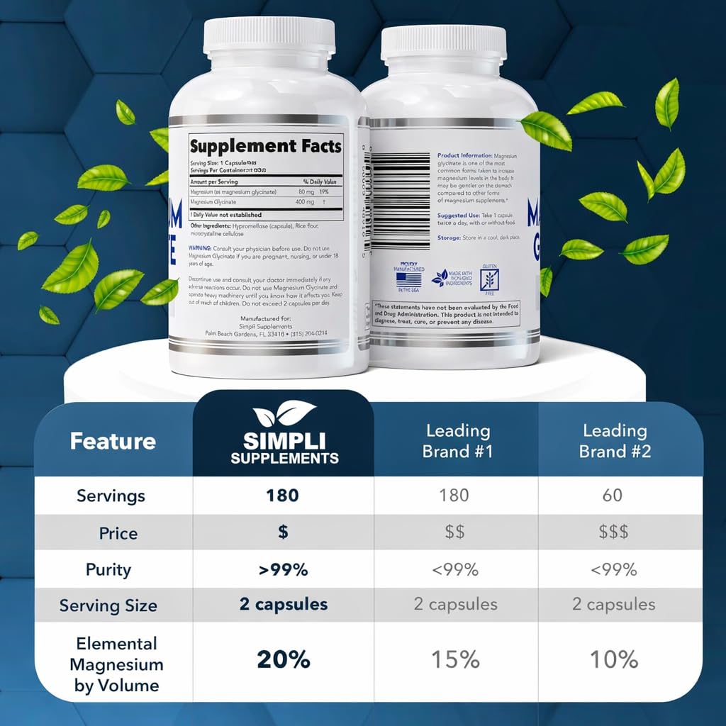 Magnesium Glycinate 400mg per Serving – High Absorption – Gentle on Stomach – Supports Sleep, Relaxation, Muscle, Bone & Immune Health – Non-GMO, Vegan, 180 Capsules Simpli Supplements buy supplements canada