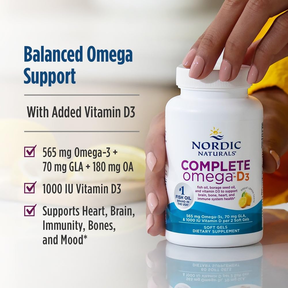 Nordic Naturals Complete Omega-D3, Lemon Flavor - 120 Soft Gels - 565 mg Omega-3 + 70 mg GLA + 1000 IU Vitamin D3 - EPA & DHA - Healthy Skin, Cognition, Positive Mood - Non-GMO - 60 Servings Nordic Naturals buy supplements canada