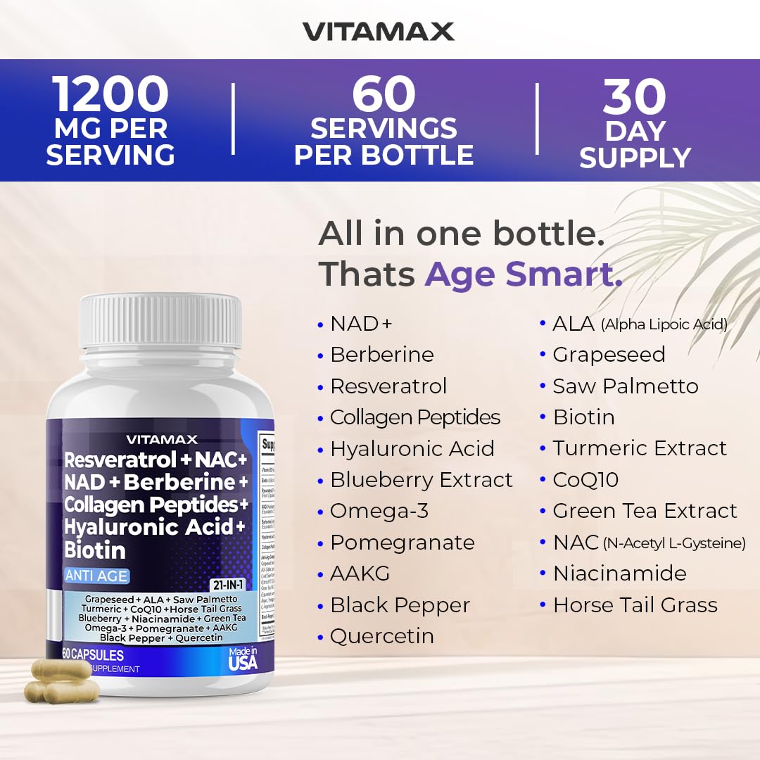 Resveratrol NAD+ Berberine Hyaluronic Acid - Biotin Grape & Blueberry + NAC - Collagen Peptides - Hair, Nail, Skin & Joint Supplement - 21-in-1 Women and Men Vitamax buy supplements canada