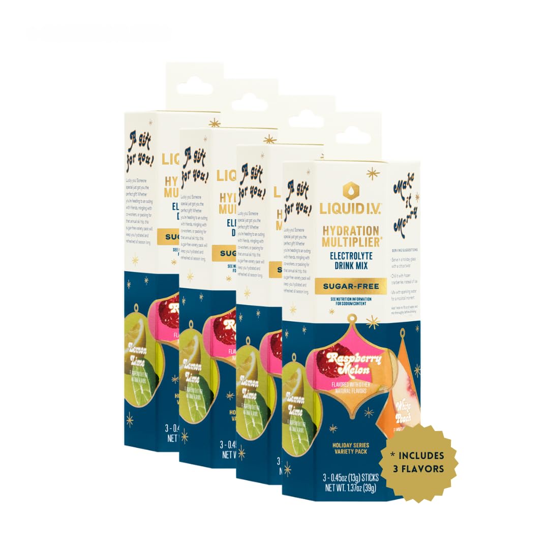 Liquid I.V.® Hydration Multiplier Sugar-Free - Variety Pack Stocking Stuffer - Raspberry Melon, Lemon Lime, and White Peach - 4 Pack (12 Sticks) Liquid I.V. buy supplements canada