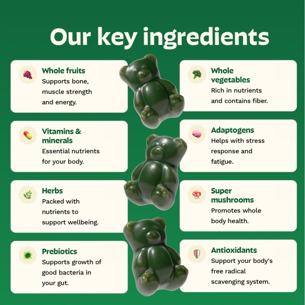 Gruns Sugar-Free Super Greens Gummies, Multivitamin Superfood Gummy Bears, Spirulina, Chlorella, Prebiotics & Fiber gummies for Digestive Health, Adaptogens Supplement, 20 Vitamins & Minerals, 10 pack Grüns buy supplements canada