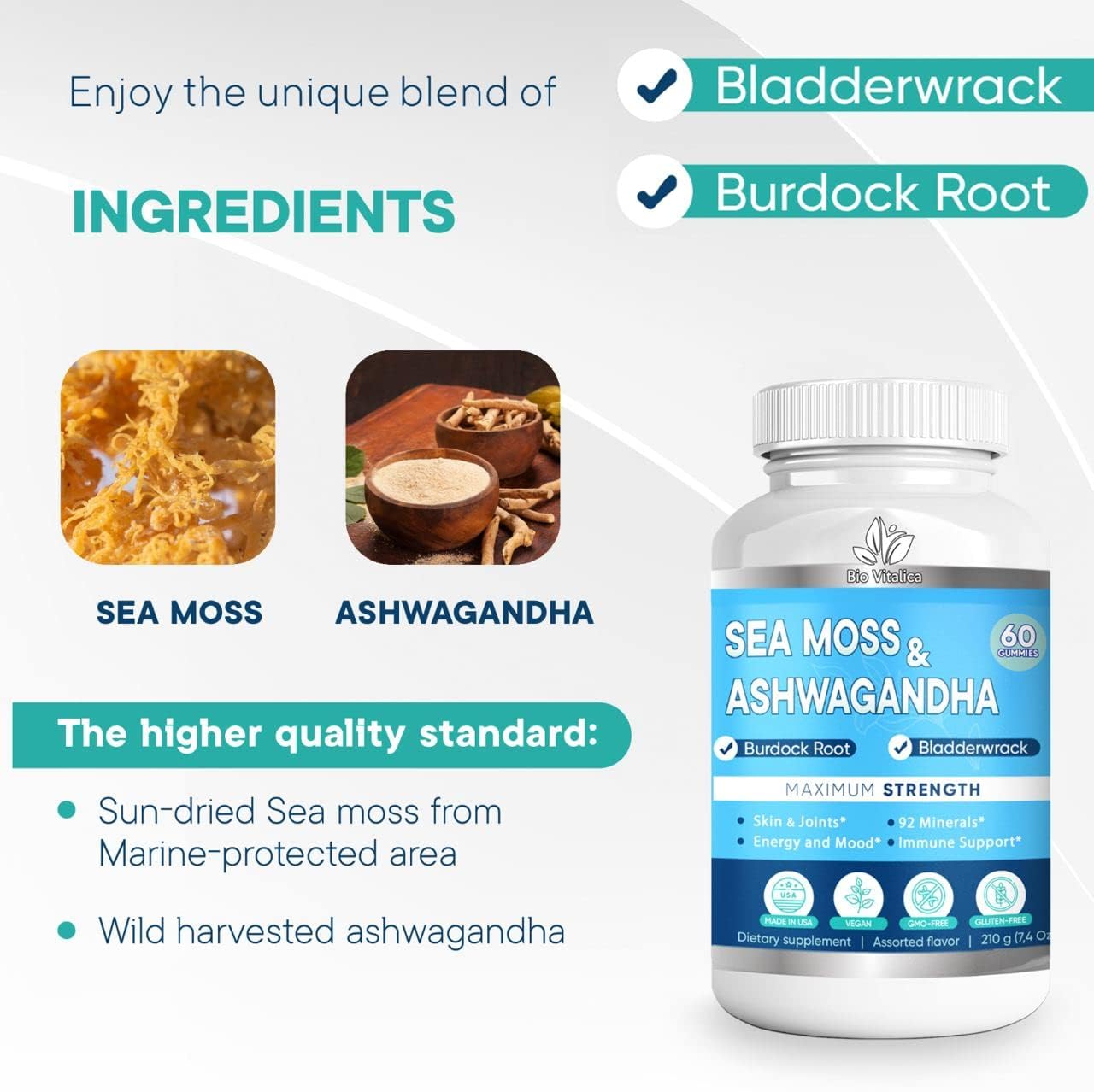 BIO VITALICA Sea Moss Ashwagandha Gummies - Organic Irish Seamoss & Ashwagandha Root Supplements for Supporting Energy for Men & Women, 60 Vegan Gummies BIO VITALICA buy supplements canada