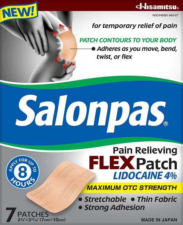 Salonpas Temporary Pain Relieving Flex Patch with Lidocaine 4%, Maximum OTC Strength, Stretchable Thin Fabric, Strong Adhesion, Contours to Body, Apply for Up to 8 Hours 7 ct (Pack of 2) Salonpas buy supplements canada