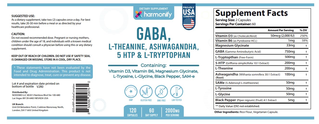 HARMONIFY GABA L-Theanine Supplements with Magnesium Glycinate, Ashwagandha, Same, 5-HTP and L-Tryptophan, 12 in 1 Supplements, 120 Capsules, 2000 mg HARMONIFY buy supplements canada