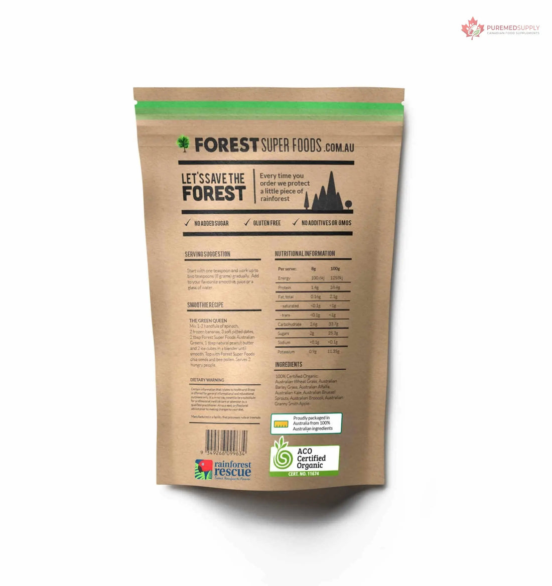 Certified Organic Australian Greens Whole Food Blend | 7 Incredible Whole Foods | No fillers or additives Forest Super Foods buy supplements canada