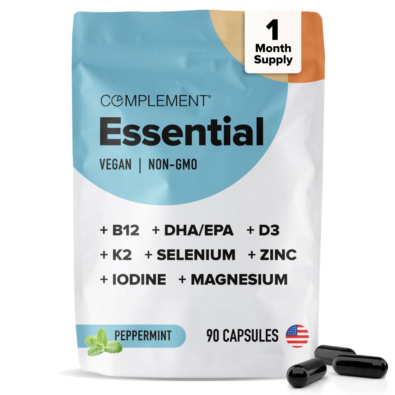 Complement Essential Vegan Multivitamin for Men & Women (30 Servings, 90 Capsules) with Omega-3 DHA & EPA, B12, Vitamin D3 & K2, Zinc, Selenium, Magnesium, Iodine - Supports Immunity & Overall Health Complement buy supplements canada