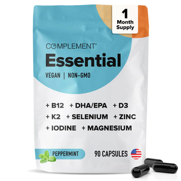 Complement Essential Vegan Multivitamin for Men & Women (30 Servings, 90 Capsules) with Omega-3 DHA & EPA, B12, Vitamin D3 & K2, Zinc, Selenium, Magnesium, Iodine - Supports Immunity & Overall Health Complement buy supplements canada