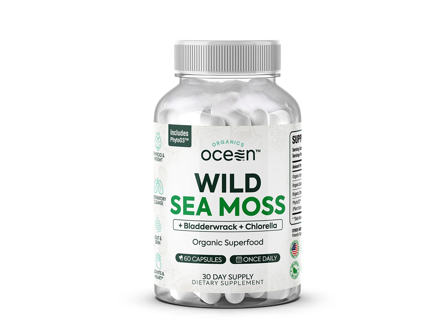 Organics Ocean Wild Sea Moss Capsules - 100% Organic Irish Sea Moss with Organic Chlorella, Bladderwrack and Vitamin D for Energy, Lung Health and Thyroid Support for Women and Men - 60 Capsules Organics Ocean buy supplements canada