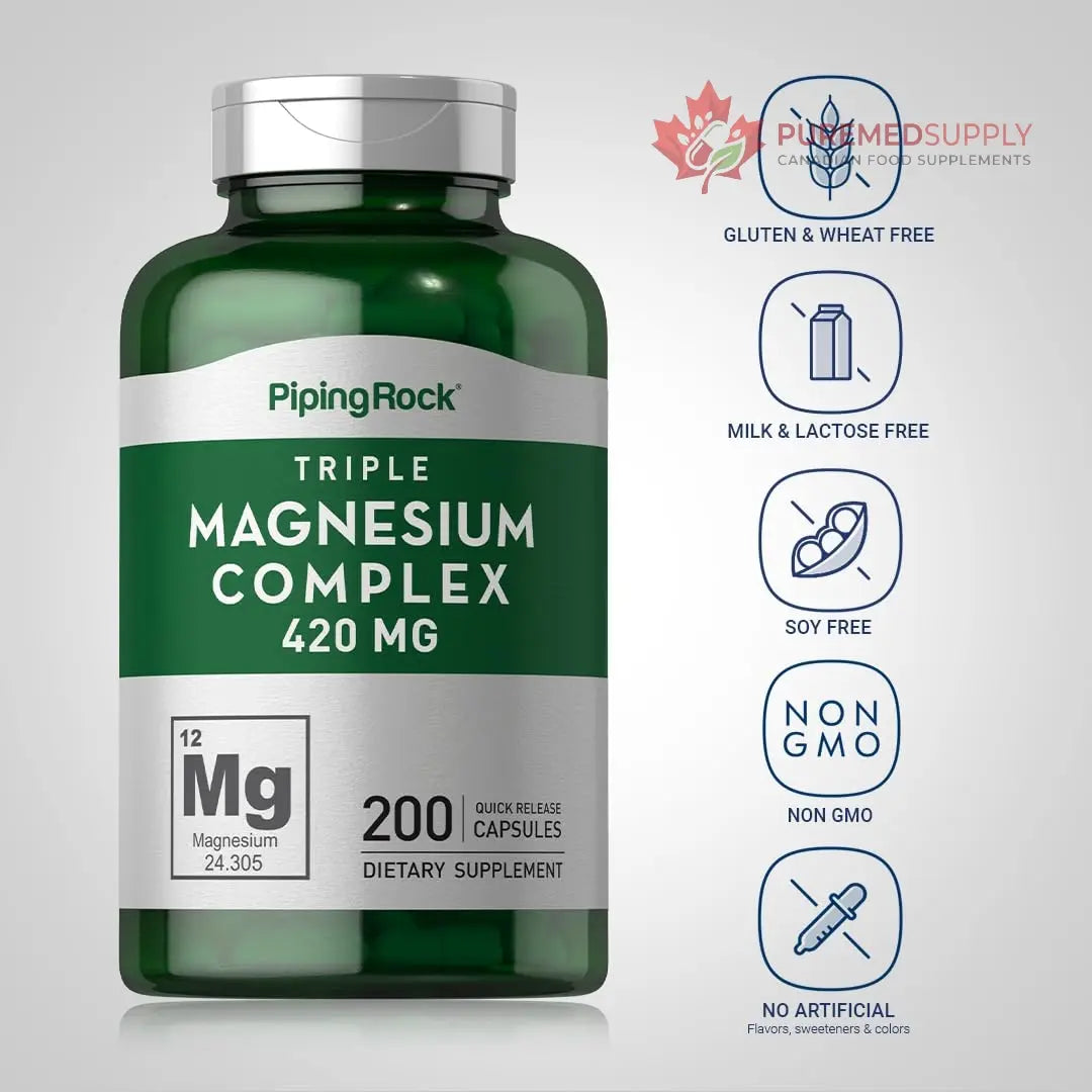 Piping Rock Triple Magnesium Complex | 420 mg | 200 Capsules | Magnesium Oxide, Citrate, and Aspartate Supplement | Non-GMO, Gluten Free Piping Rock buy supplements canada