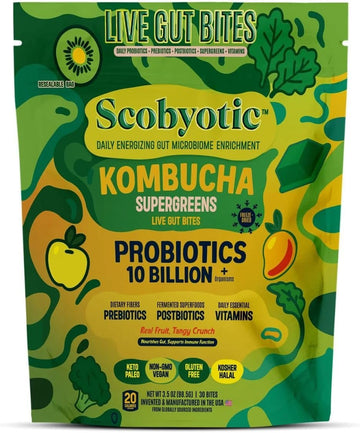 Scobyotic® Kombucha Supergreens Live Gut Bites – 10 Billion CFU Probiotics + Prebiotics & Postbiotics – Kombucha & Supergreens – Freeze-Dried Probiotic Supplement Scobyotic buy supplements canada