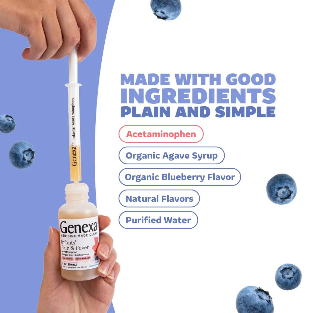 Genexa Infants' Clean Acetaminophen | Pediatrician Preferred Ingredients | Pain Reliever & Fever Reducer for Babies | Dye Free, 0% Artificial Additives | Delicious Organic Blueberry Flavor, 2 fl oz Genexa buy supplements canada