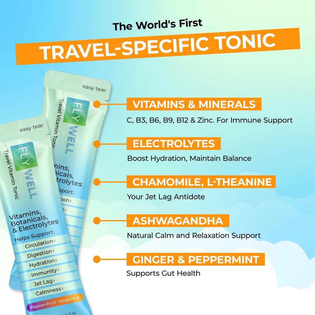 FlyWell Travel Vitamin Tonic for Flight, Jet Lag, Hydration, Circulation, Digestion & Immune Support, Promotes Calmness, Electrolyte Powder, Travel Essentials, FlyWell buy supplements canada
